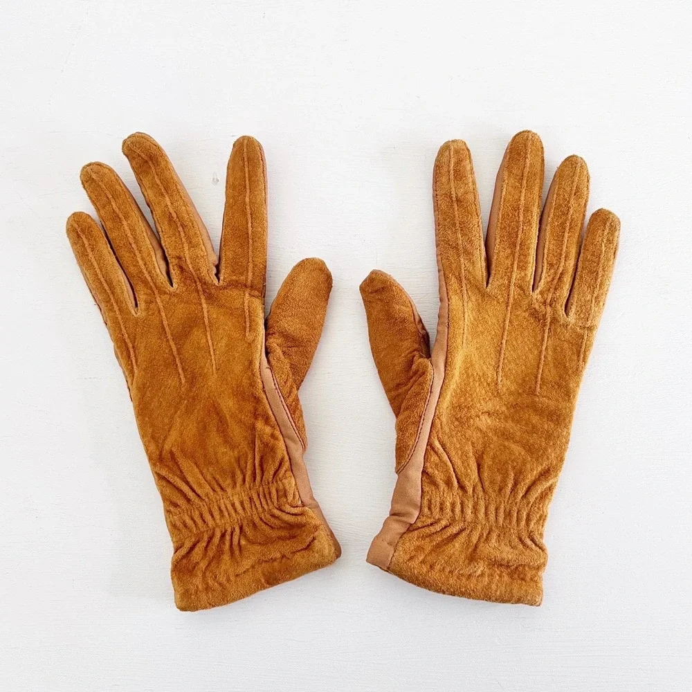 Isotoner‎ Gloves Mustard Yellow Vintage 70s Leather Suede Driving Gloves Size L